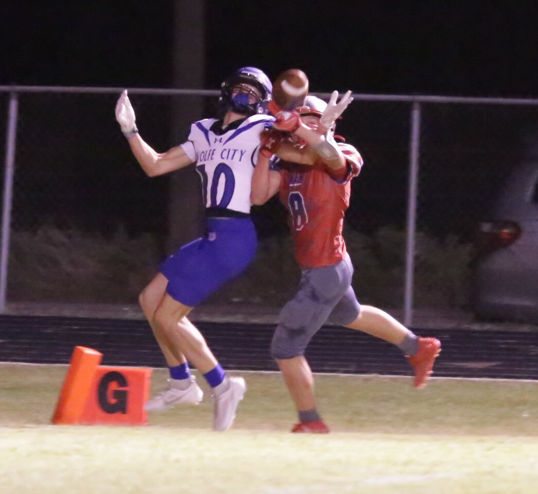 Alba-Golden’s Gavin Parker breaks up a pass in the end zone.